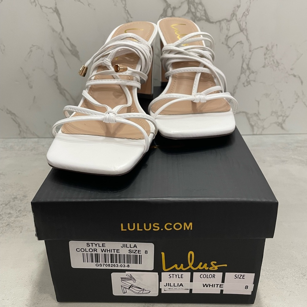 Lulu’s Jillia White Square Toe Lace Up High Heel Sandals